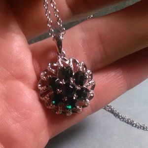 Green Crystal Floral Platinum over Brass Pendant Stainless Steel Necklace